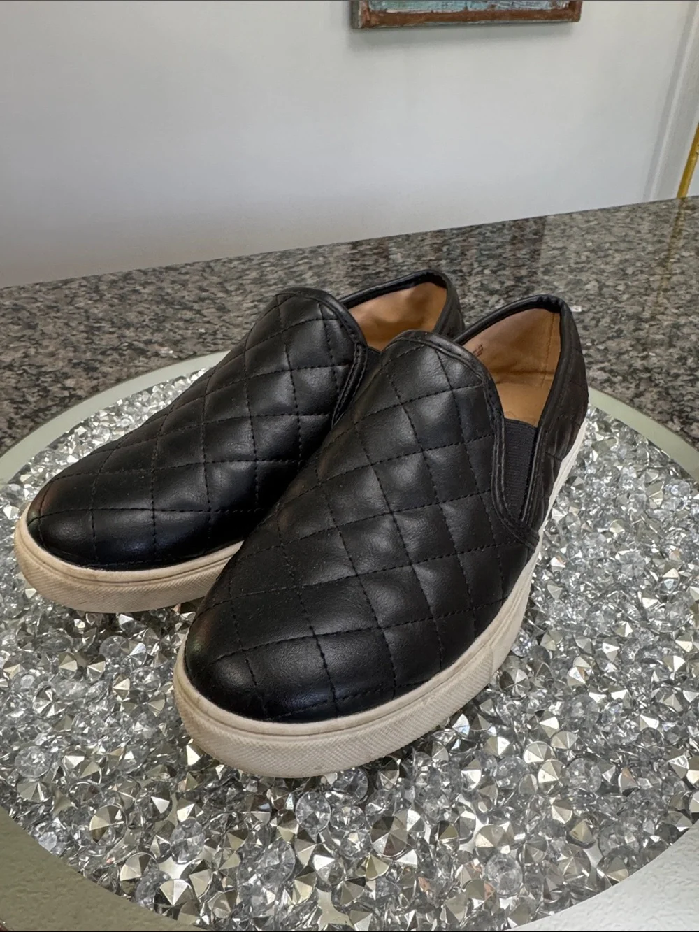 Brash Black Quilted Slip-On Sneakers with White Sole